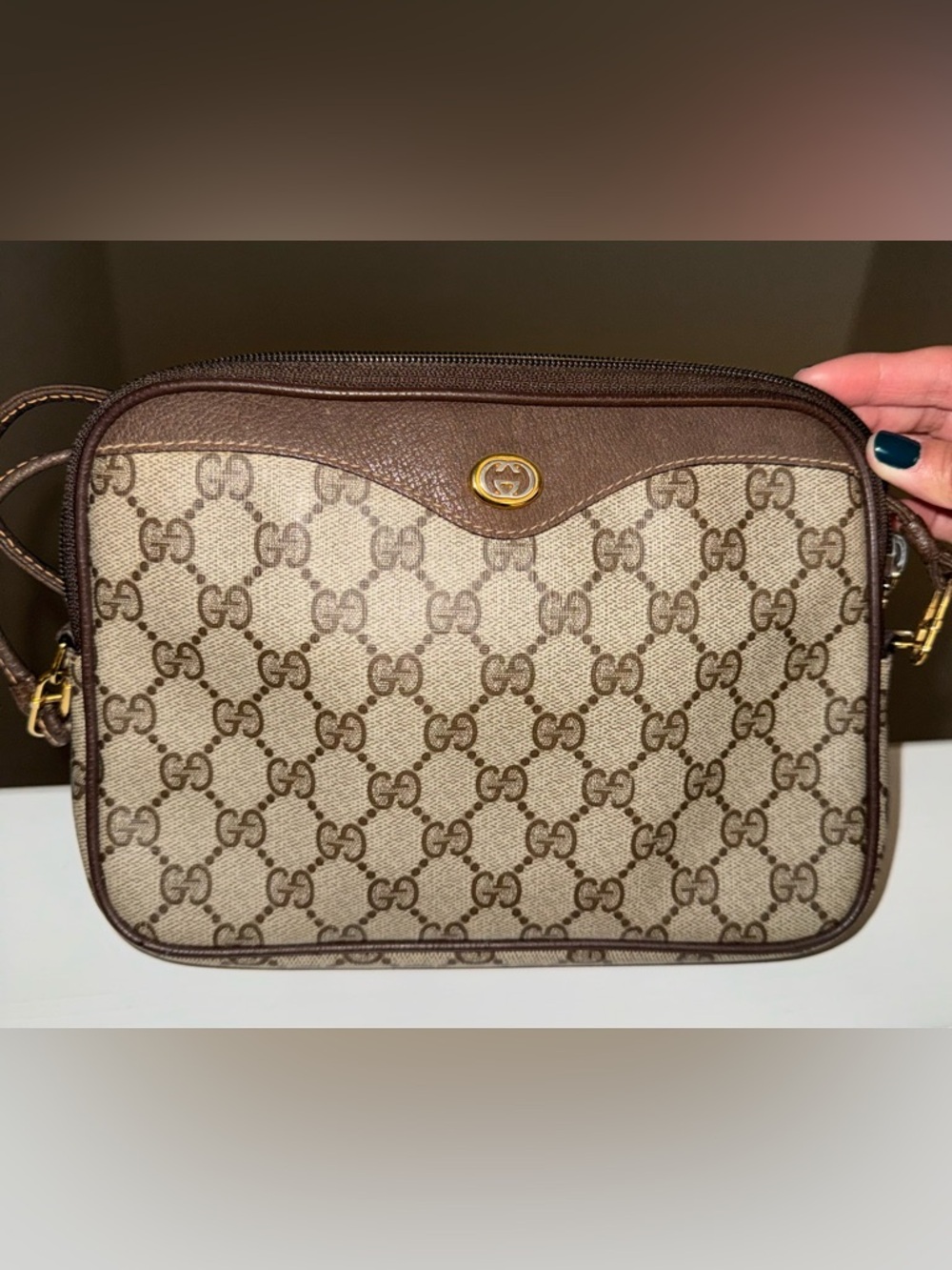 Gucci GG Supreme Canvas Camera Crossbody Bag with Gold Hardware